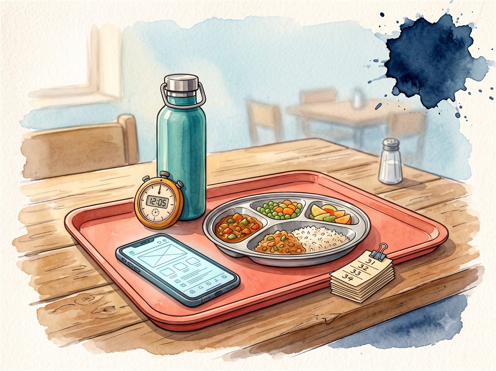 Watercolour still-life of a canteen tray with a meal plate, phone wireframe, queue tokens and stopwatch