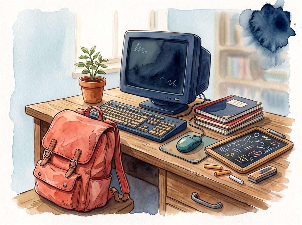 Watercolour still-life of a school computer lab desk — monitor, keyboard, chalk slate and a coral backpack