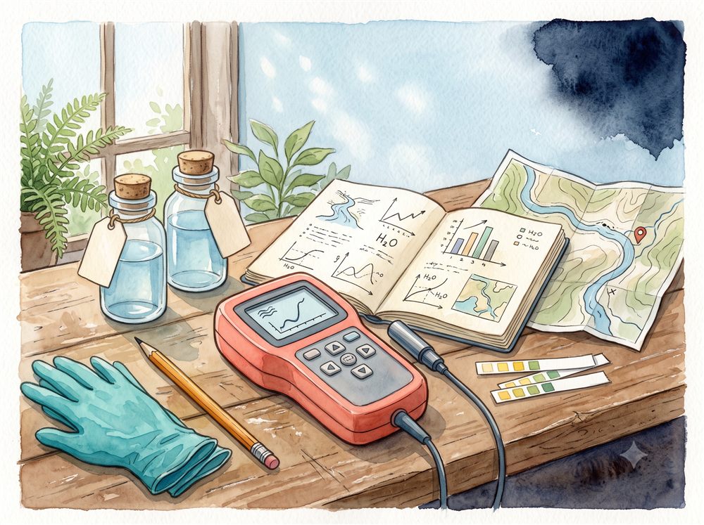 Watercolour still-life of a water-testing field kit — sample bottles, meter, field notebook and map
