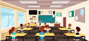 teaching Teacher Blackboard Children School Desks Classroom Cartoon Vector Illustration School Classroom Blackboard 123649638