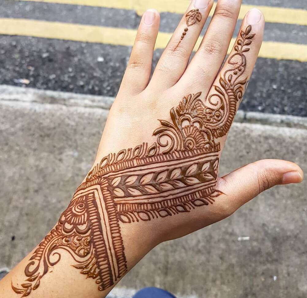 Half palm style mehndi design for back hand 1