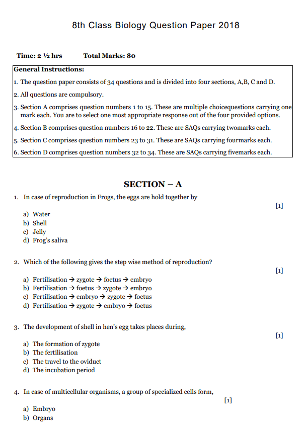 8th Class Biology Question Paper 2018