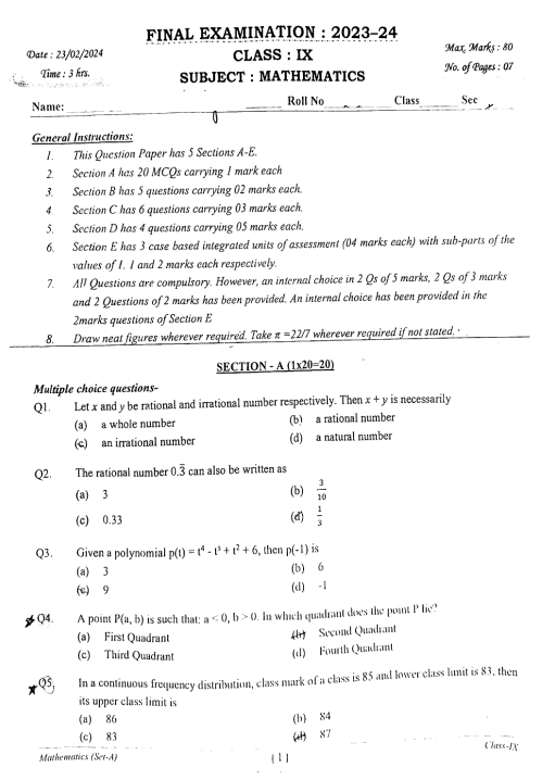 Class 9 Maths Previous Year Question Paper