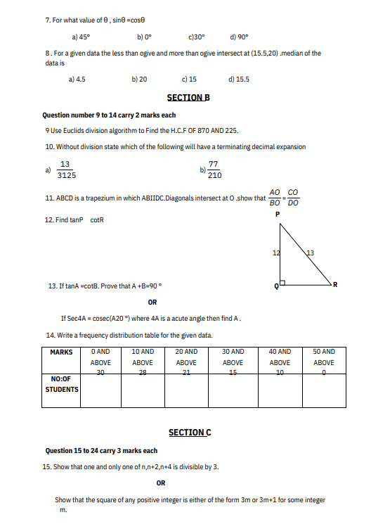 Sa1 Maths Question Paper Class 10 2