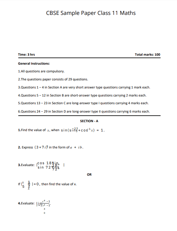 Class 11 Maths Sample Paper 2022-23
