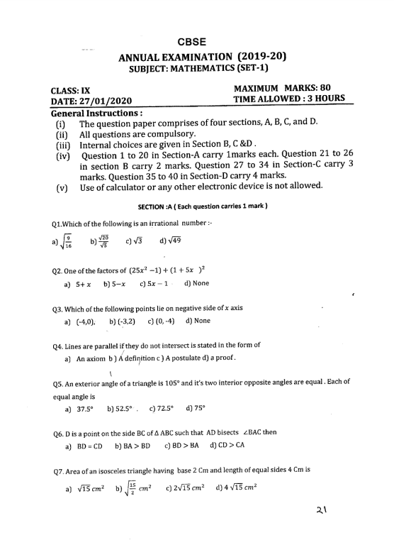 Class 9 Previous Year Question Paper Maths