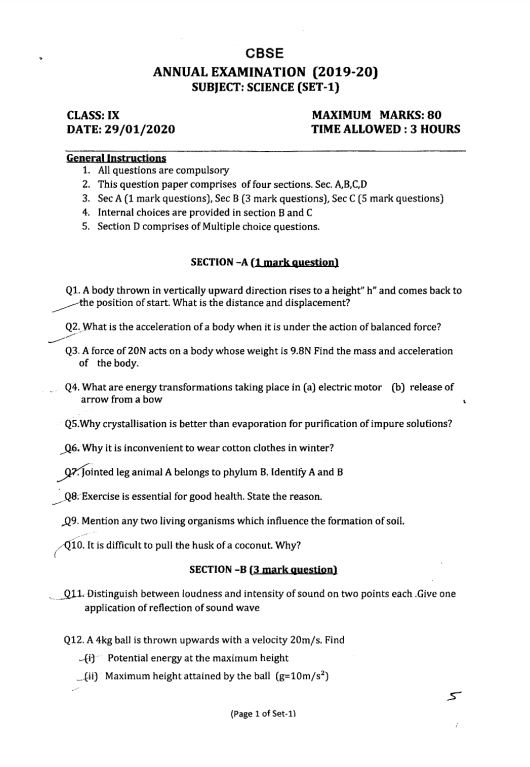 Class 9 Science Sample Paper 2021