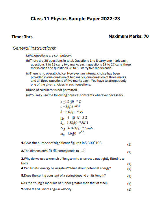 Class 11 Physics Sample Paper 2022 23 