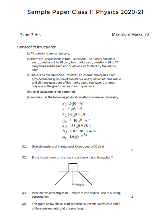 Sample Paper Class 11 Physics 2020 21  
