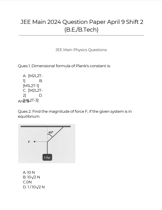 Jee Mains 2024 Question Paper Pdf