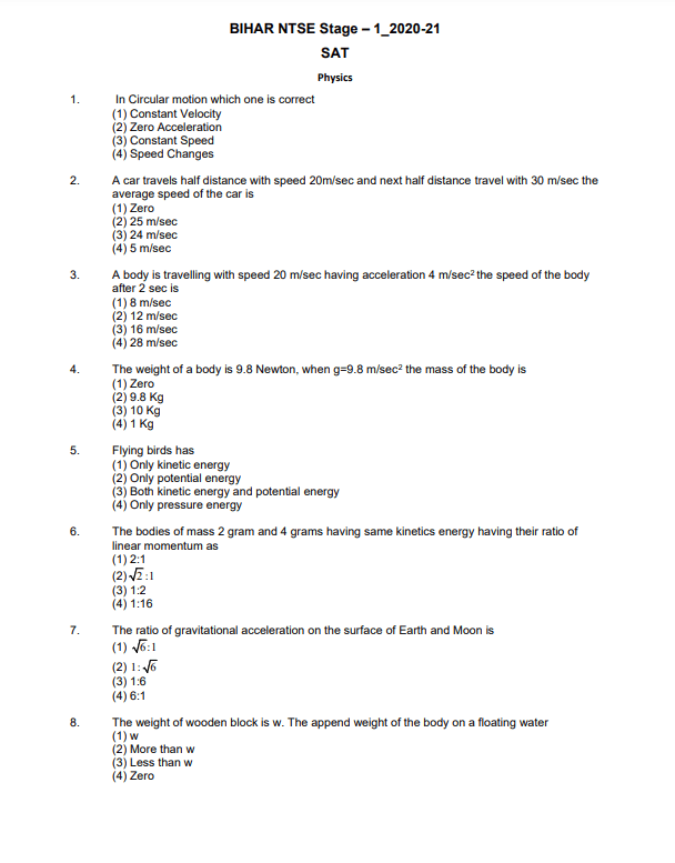 Ntse Previous Year Question Paper Bihar