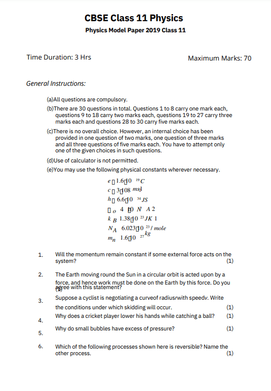 Class 11 Physics CBSE Sample Paper