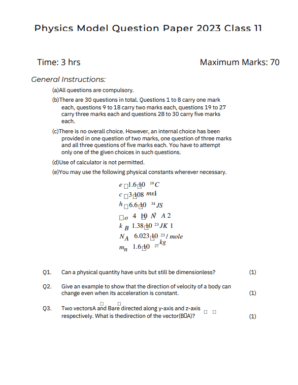 Physics Model Question Paper 2023 Class 11