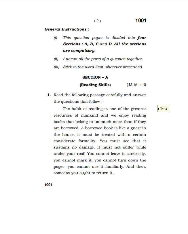 11th Class English Question Paper 2019 Hbse 2