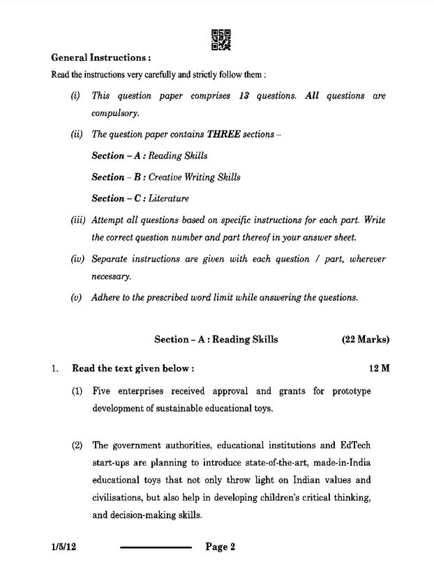 Sample Paper Of English Class 12 Cbse 2023 24 2