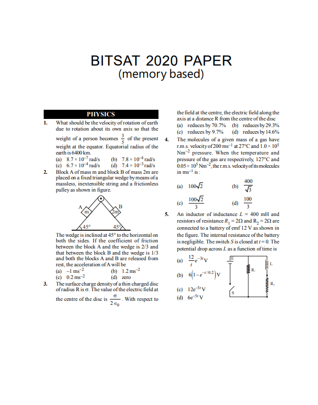 Bitsat 2020 Paper